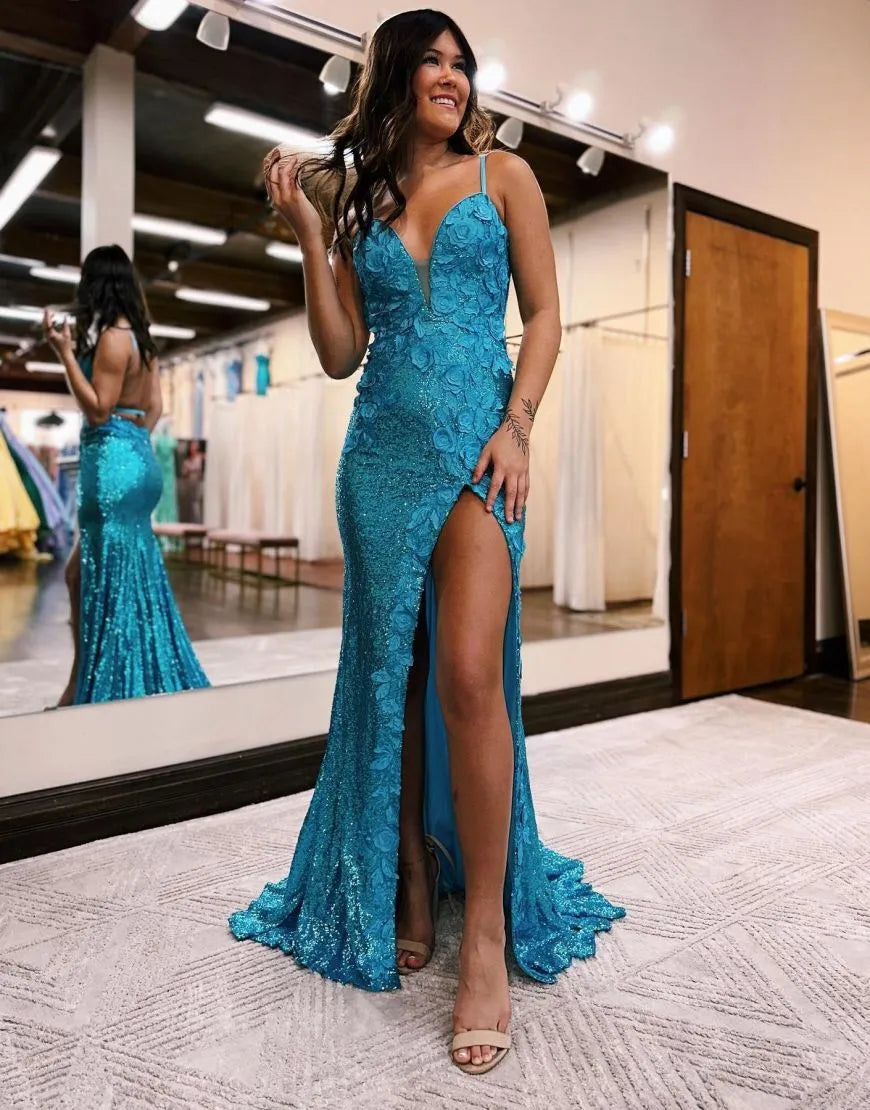 Wholesale Mermaid Open Back Long Prom Evening Dress With Split long prom dresses with sleeves